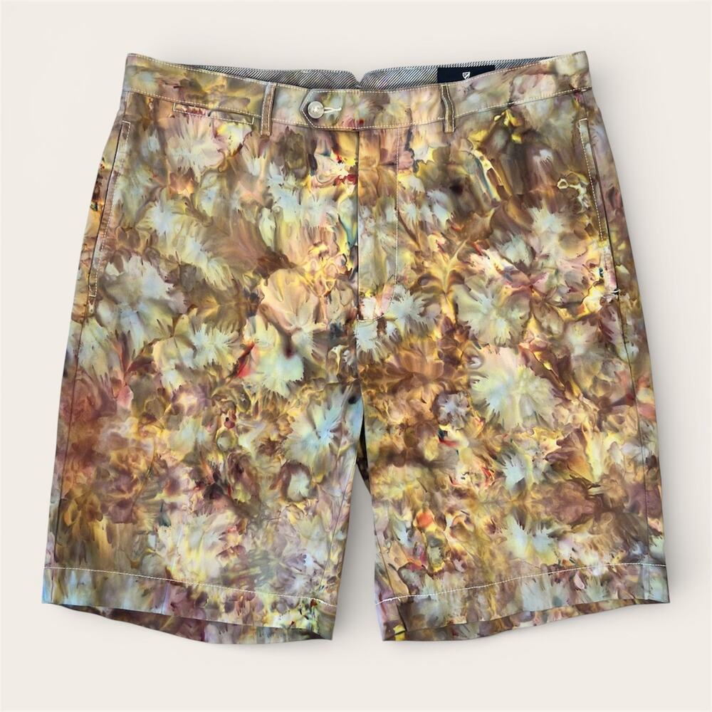 Custom Tie Dye Men's Chino Shorts Size 34 Brown Yellow Blue Ice Dye Festival